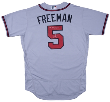 2017 Freddie Freeman Game Used & Signed Atlanta Braves Road Jersey Photo Matched to 3 Games for 3 Home Runs (MLB Authenticated, Resolution Photomatching & Beckett)